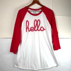 hello Polka Dot Graphic Raglan ¾ Sleeve Red & White Long Baseball Tee Womens XL
